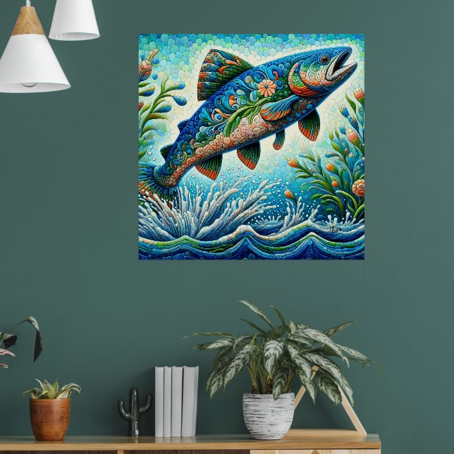 Salmon Jumping Mosaic Blommigt Blue Grönt Peach Poster (Vardagsrum 1)