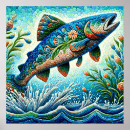 Salmon Jumping Mosaic Blommigt Blue Grönt Peach Poster
