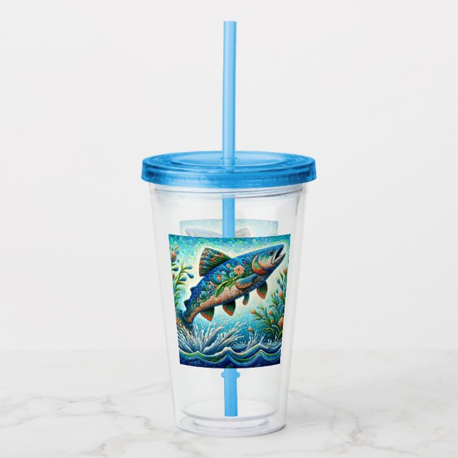 Salmon Jumping Mosaic Blommigt Blue Grönt Peach Take Away Mugg (Framsida)