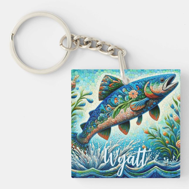 Salmon Jumping Mosaic Floral Blue Personalized (Framsidan)