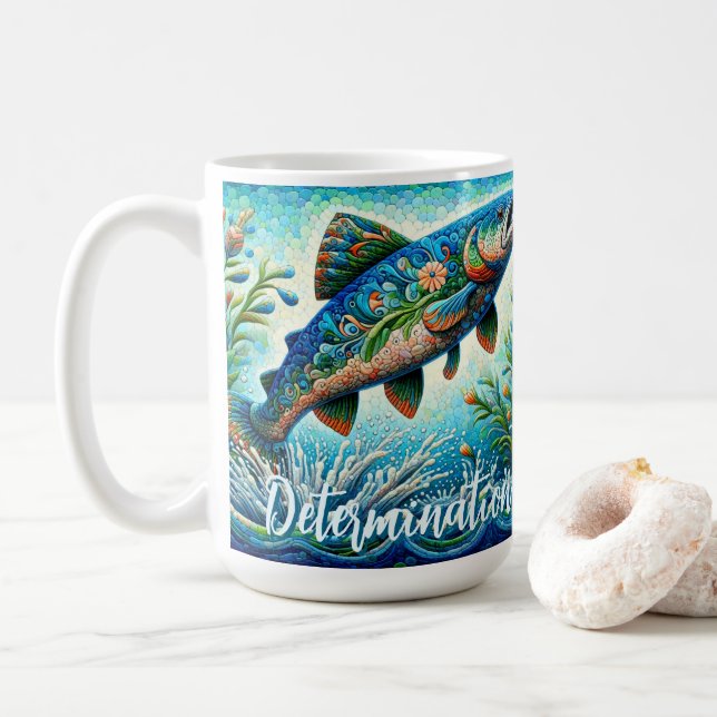 Salmon Jumping Mosaic Floral Blue Personalized Kaffemugg (Med munk)