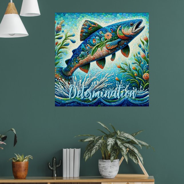 Salmon Jumping Mosaic Floral Blue Personalized Poster (Vardagsrum 1)