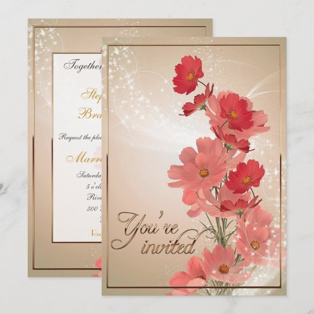 Salmon och rödblommor/Guld-trim Inbjudningar (Fram/baksida)