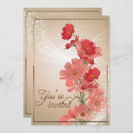 Salmon och rödblommor/Guld-trim Inbjudningar