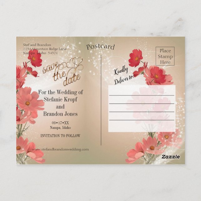 Salmon och rödblommor/Guld-trim Vykort (Baksida)