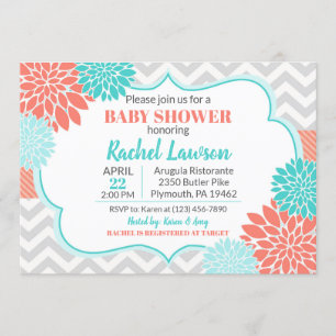 Salmon och turkos Blooms Blommigt Baby Shower Inbjudningar