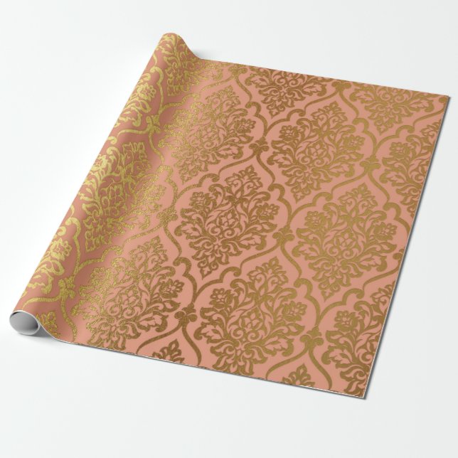 Salmon Pastel Damask Royal Golden Foil Presentpapper (Utrullad)