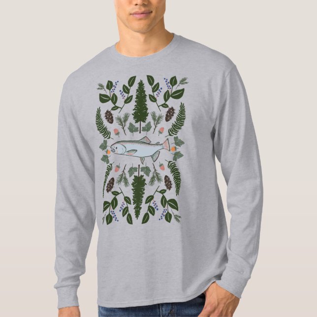 Salmon PNW Natature Fir Ferns Berries Foraging Fea T Shirt (Framsida)