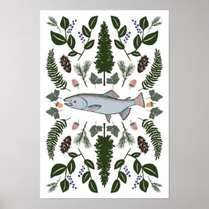 Salmon PNW Natature Fir Ferns Berries Forest Forag Poster