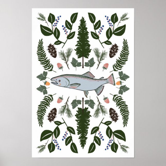 Salmon PNW Natature Fir Ferns Berries Forest Forag Poster (Framsidan)