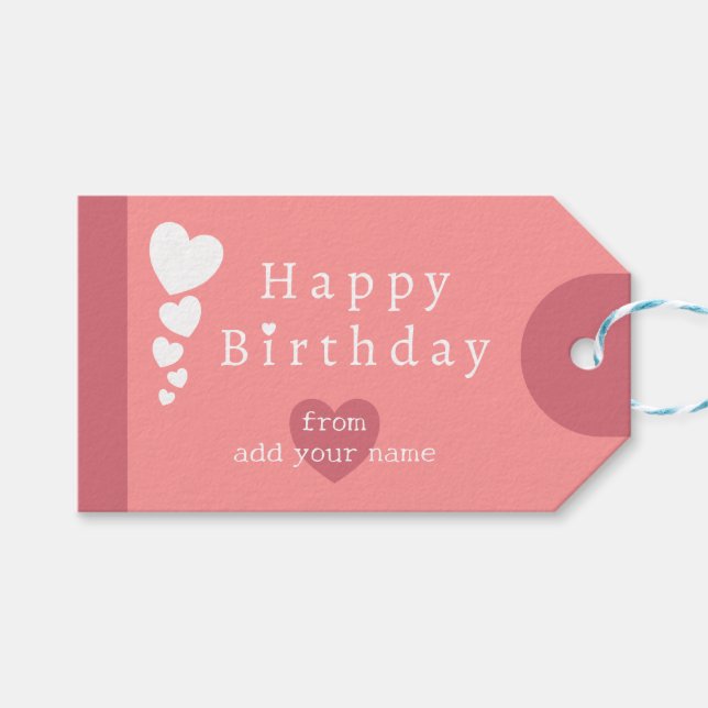 Salmon Rosa Birthday Hearts Gift Märkres Presentetikett (Framsidan (Horisontell))