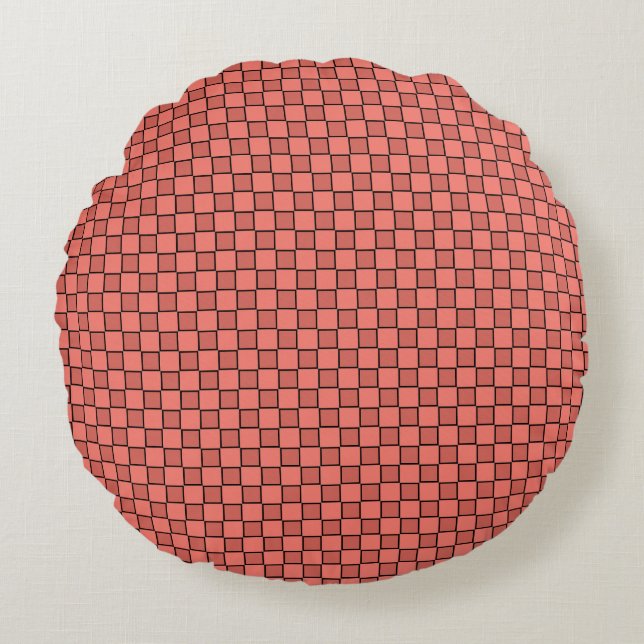 Salmon Rosa Black Checkerboard Mönster Rund Kudde (Framsidan)