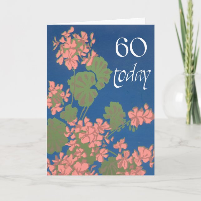 Salmon Rosa Geraniums on Deep Blue, 60 Birthday Kort (Framsida)
