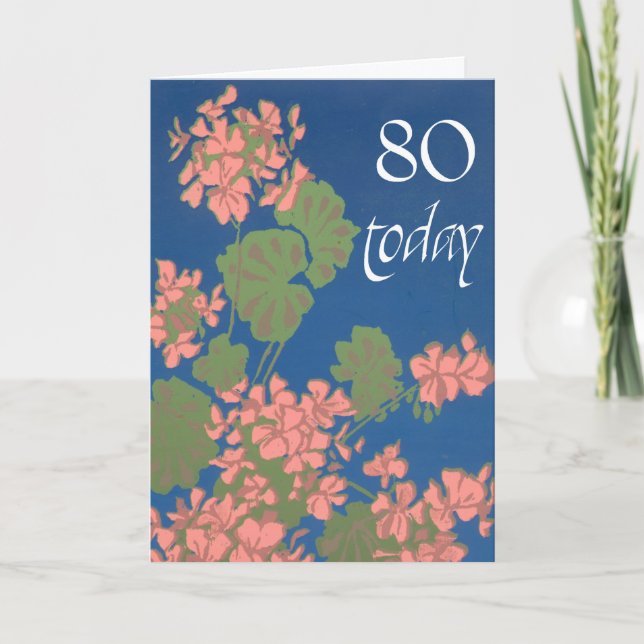 Salmon Rosa Geraniums on Deep Blue, 80 Birthday Kort (Framsida)