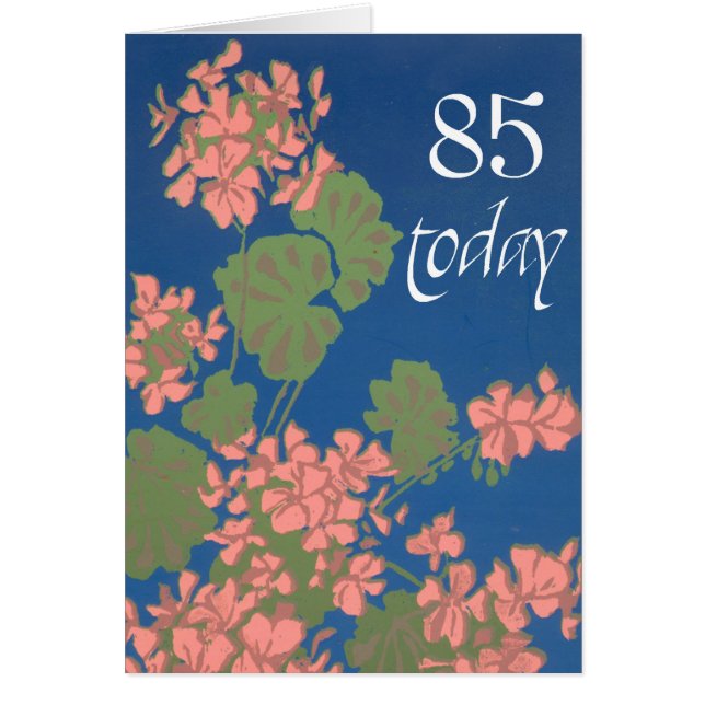 Salmon Rosa Geraniums on Deep Blue, 85:e födelseda Hälsningskort (Framsidan)