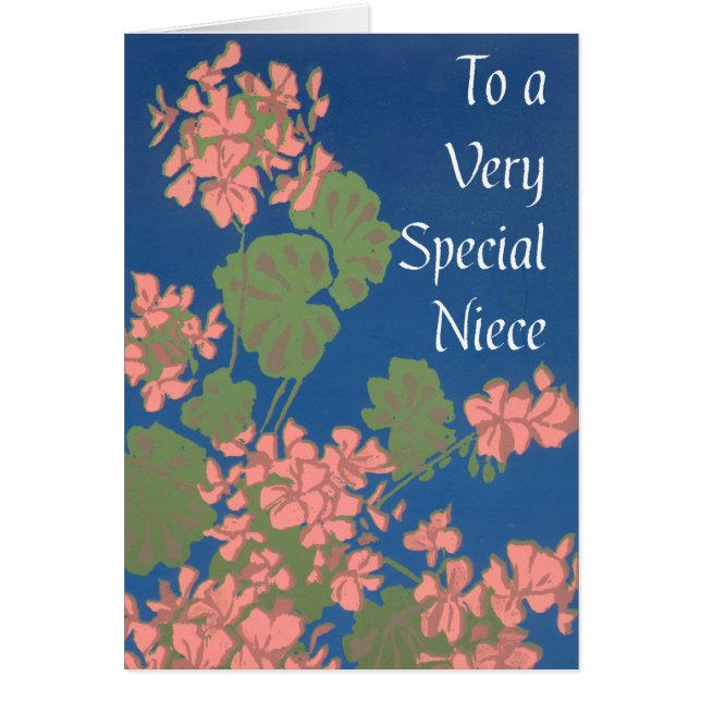 Salmon Rosa Geraniums on Deep Blue for Niece Hälsningskort (Framsidan)