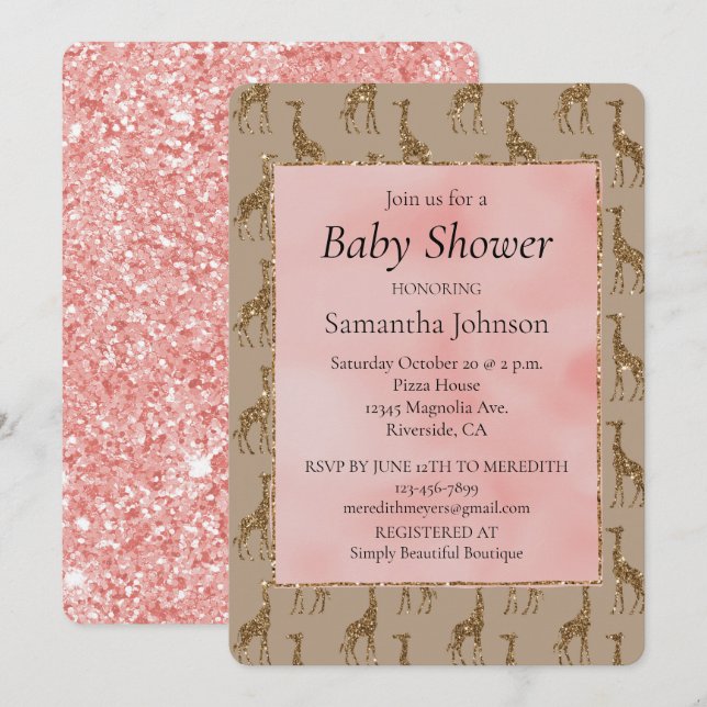 Salmon Rosa Glitter Brown Giraffes Baby Shower Inbjudningar (Fram/baksida)