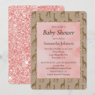 Salmon Rosa Glitter Brown Giraffes Baby Shower Inbjudningar