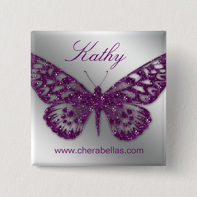 Salon Butterfly Namn bricka Button Silver Lila Knapp (Framsida)