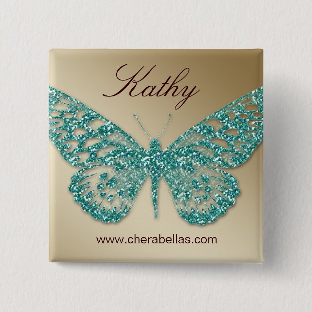 Salon Butterfly Namn bricka Button Teal Guld Knapp (Framsida)