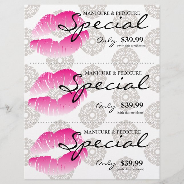 Salon Flyer Spa Läppar Rosa Damask Blommigt (Framsida)