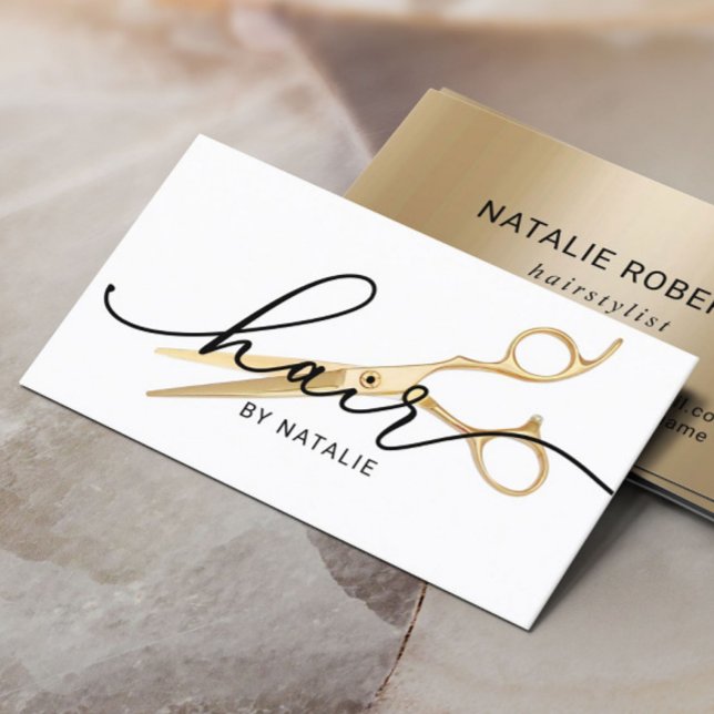 Salon för Hair Stylist Guld Scissor Elegant  Visitkort (Skapare uppladdad)