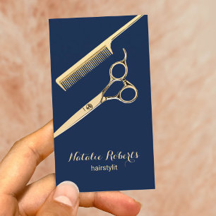 Salon Guld Sissor & Comb Navy Blue Hair Stylist Visitkort