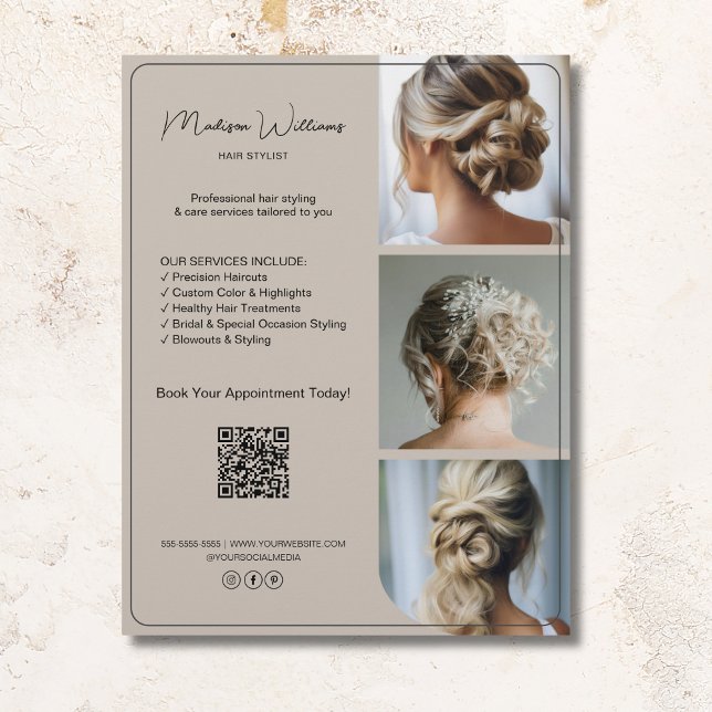 Salon Hair Stylist Services 3 Foton QR Beige Reklamblad (Salon Hair Stylist Services 3 Photos QR Beige Flyer)