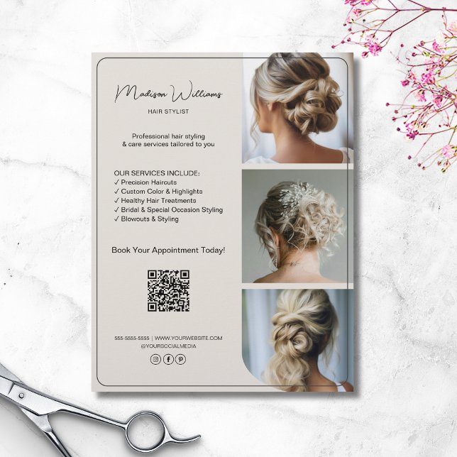 Salon Hair Stylist Services 3 Foton QR Reklamblad (Salon Hair Stylist Services 3 Photos QR Flyer)