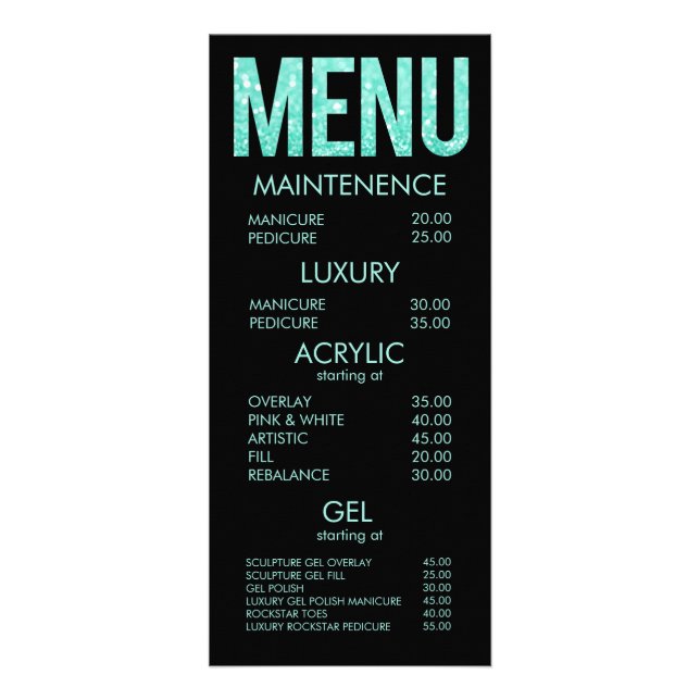 Salon Menu-kort för turkos Glitter Typography Reklamkort (Framsidan)