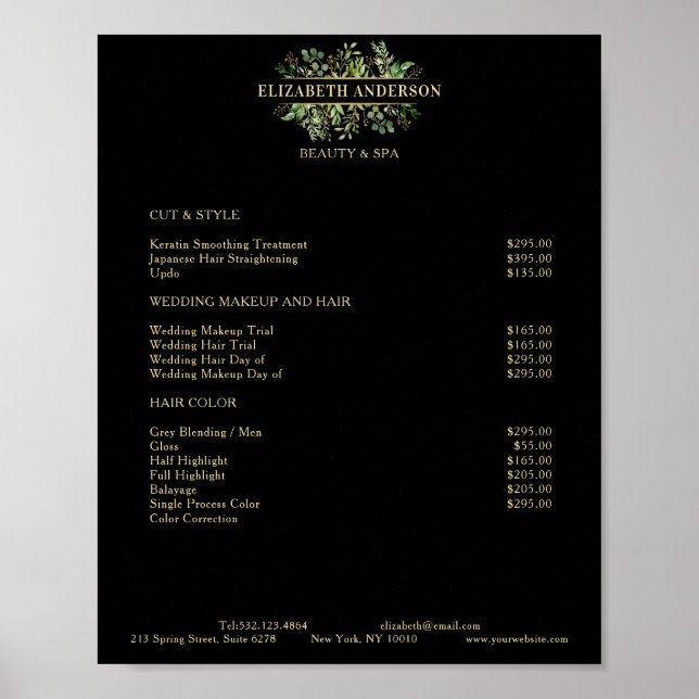 Salon Modern Botanik Black Price List Poster (Framsidan)