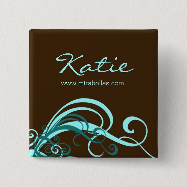 Salon Namn bricka Button Brooch blue swirrls Knapp (Framsida)