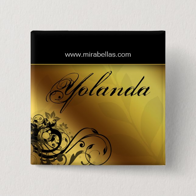 Salon Namn bricka Button Brooch guld blomsterfjäri Knapp (Framsida)