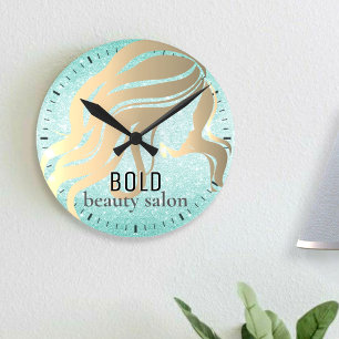 Salon Namn Metallisk Guld Aqua Blue Glitter Rund Klocka