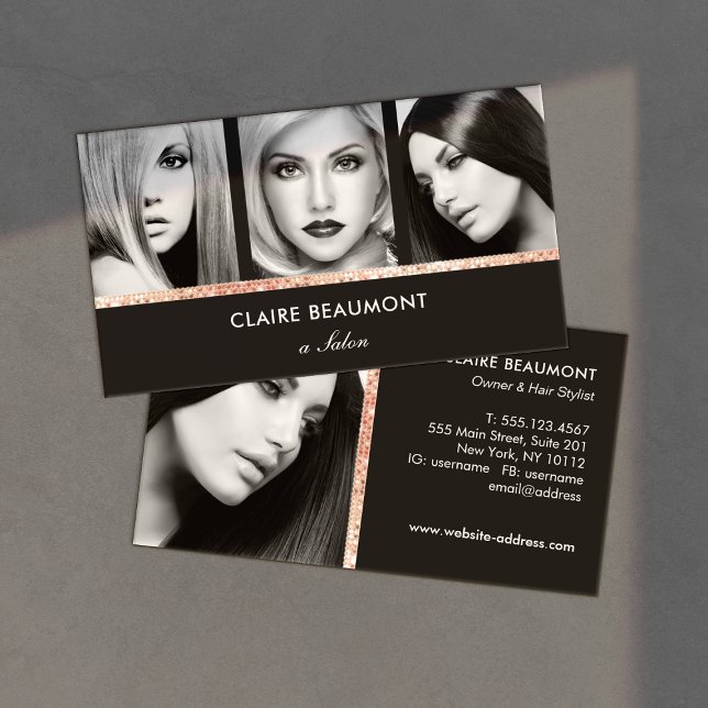 Salon Photo Card Modern Ro Guld Black Visitkort (Skapare uppladdad)