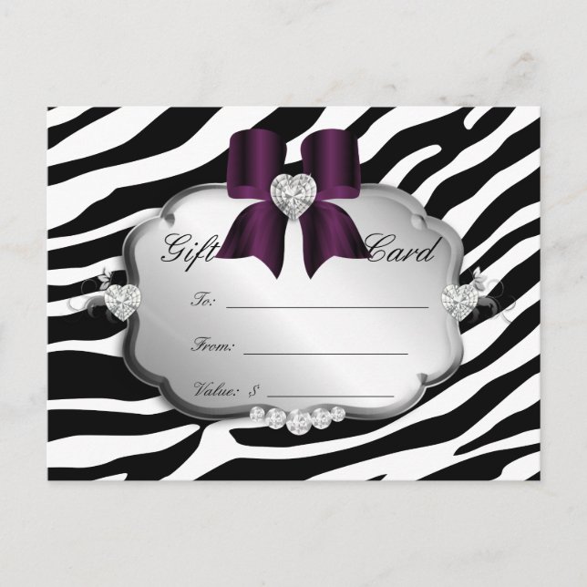 Salon Postcard Zebra Jewels Bow Eggplant Vykort (Framsida)