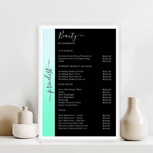 Salon Poster för Ombre & Black Pricelist (Ombre Green & Black Pricelist Salon Poster)
