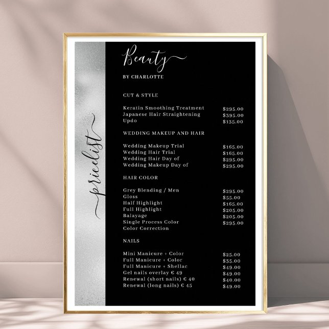 Salon Poster silver Black Pricelist Salon (Silver Black Pricelist Salon Poster)