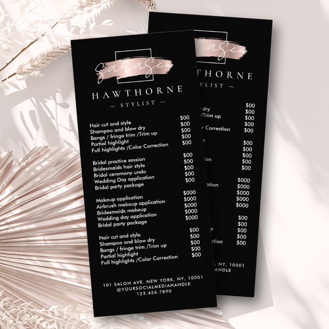 Salon Pris List Services, svart för chic-penseldra Reklamkort (Skapare uppladdad)