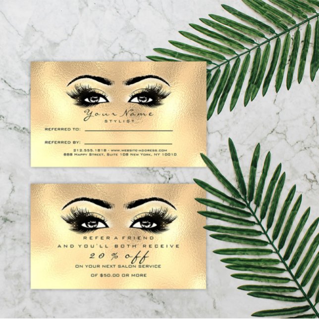 Salon-referenskort Guld Makeup-streck - tillägg Rabattkort (Salon Referral Card Gold Makeup Lashes Extension)