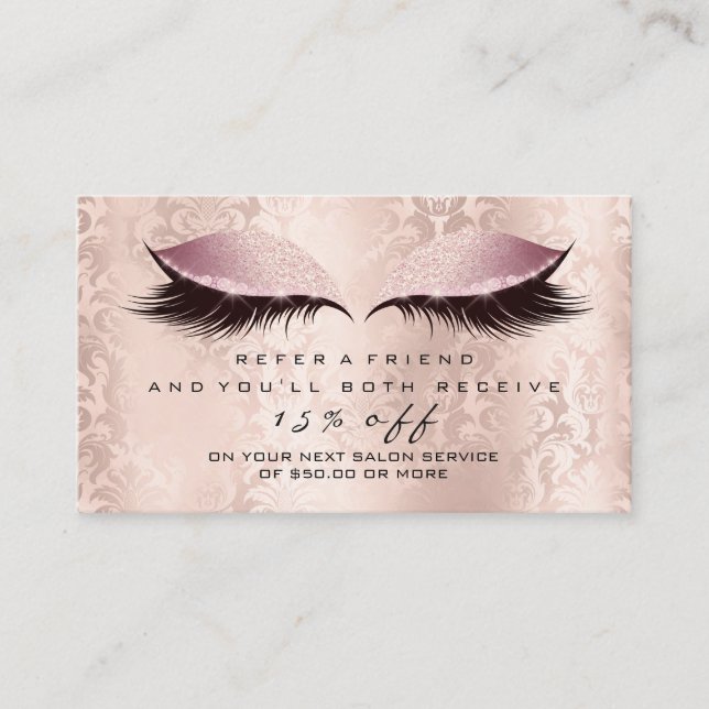 Salon Referral Card Damask Makeup Rosa Lash Glam (Framsida)