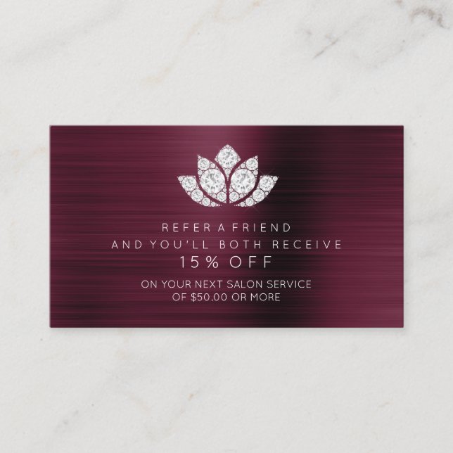 Salon Referral Card White Diamond Lotus Burgundy (Framsida)