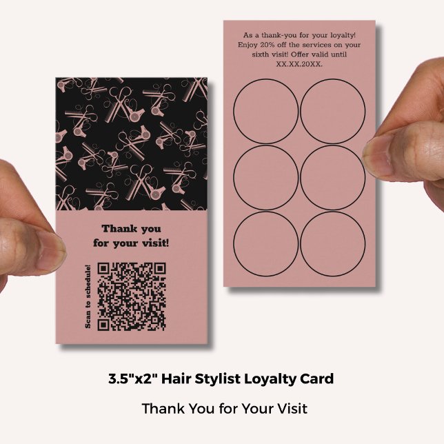 Salon Rosa & Black Hair Verktyg Mönster QR Tack Lojalitetskort (Salon Pink & Black Hair Tools Pattern QR Thank You Loyalty Card; Standard Size: 3.5x2 Inch)