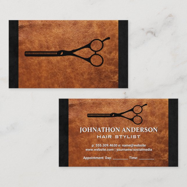 Salon Scissors | Brown Leather Struktur Tidsbeställning Kort (Fram/baksida)