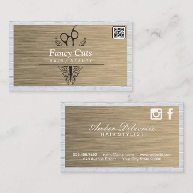Salon Scissors | Guld Metall Brick | QR-kod Visitkort (Fram/baksida)