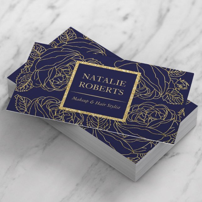 Salon & Spa Modern Navy & Guld Botanical Line Art Visitkort (Skapare uppladdad)