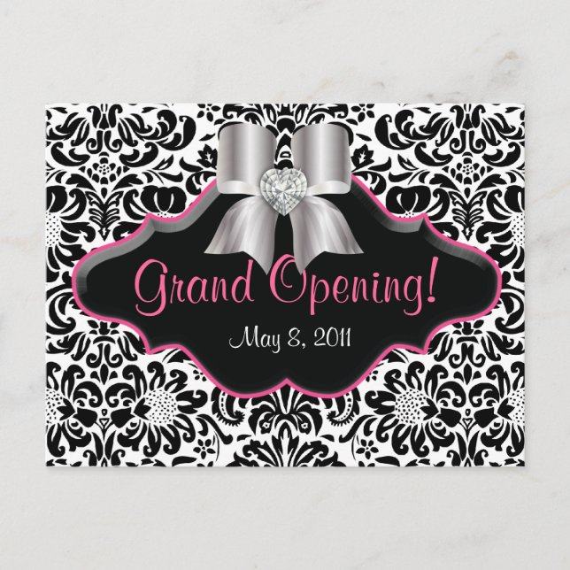 Salon vycard Damask Black White Rosa Jewels Bow Vykort (Framsida)