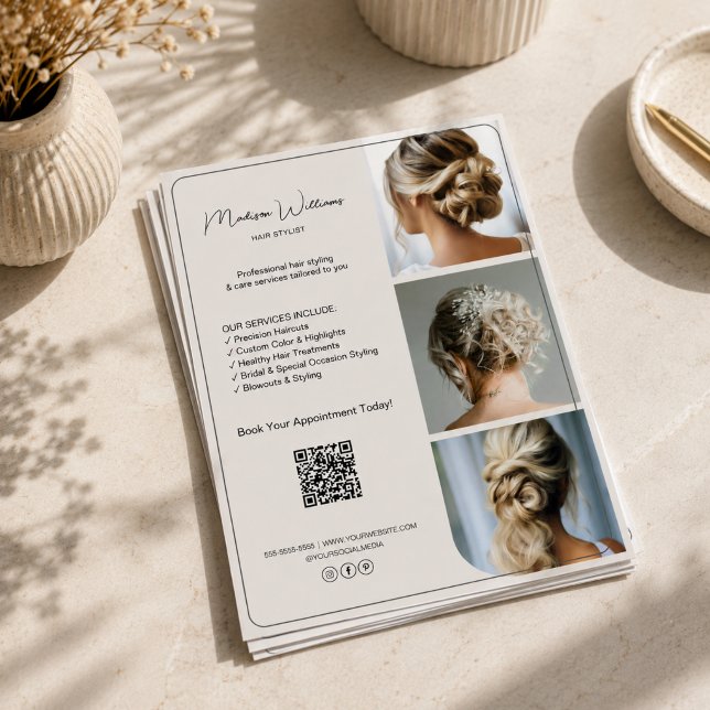 Salong Frisörtjänster 3 Bilder QR Reklamblad (Salon Hair Stylist Services 3 Photos QR Flyer)