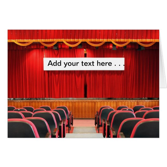 Salong med röda gardiner och banret hälsningskort (Framsidan Horizontal)