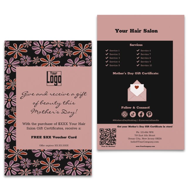 Salong Presentkortserbjudande på Mors Dag Flygblad (Stylist Mother's Day Gift Certificate Promotion Flyer, Black & Pink)